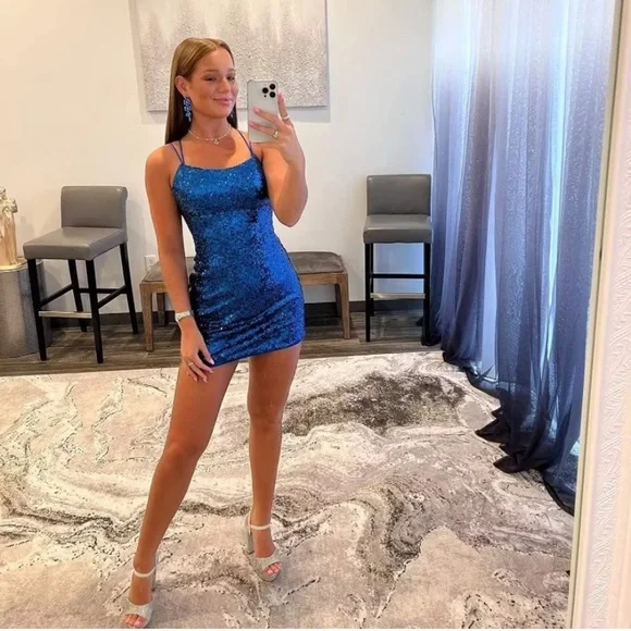 Navy blue Sequin Tight Homecoming Dress Short Backless Criss Cross Mini dress - Picture 2 of 4